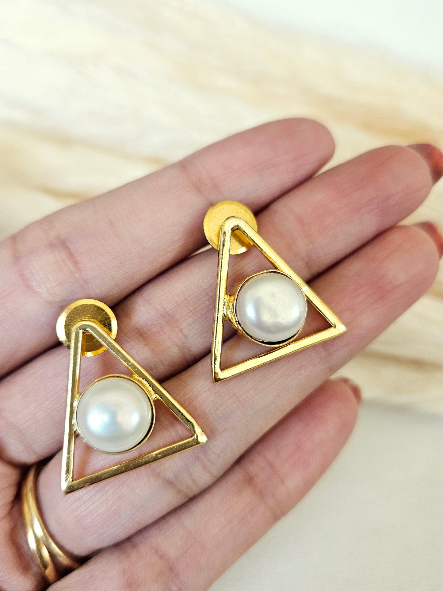 Real Pearl Gold Plated Triangle Handcrafted Earrings