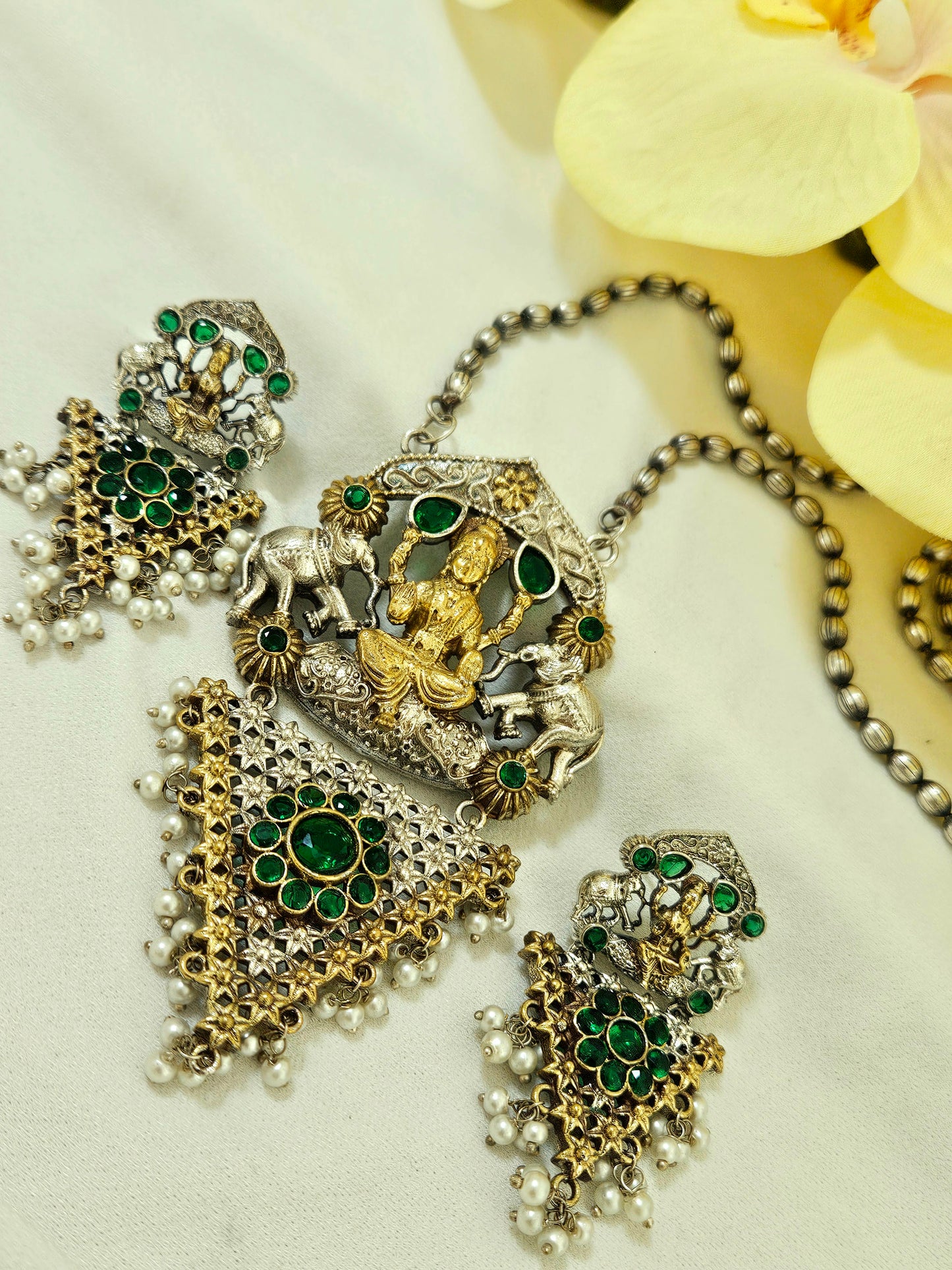 Silver Replica Dual Tone Monalisa Stone Lakshmi Pendant Set