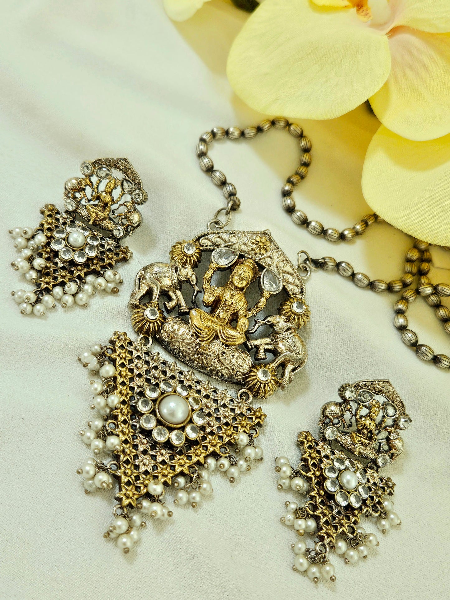 Silver Replica Dual Tone Monalisa Stone Lakshmi Pendant Set