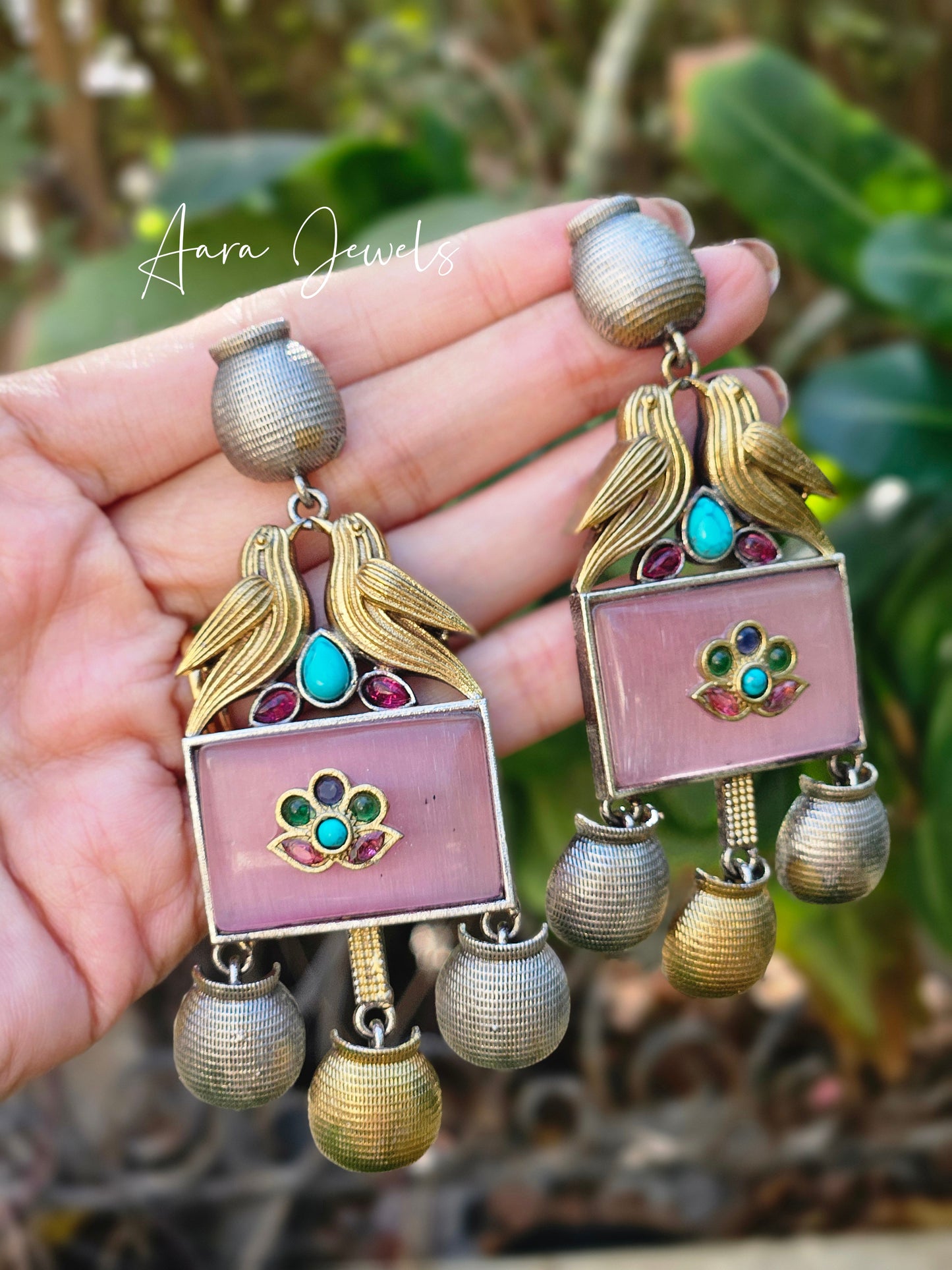 Silver Replica Dual Tone Monalisa Stone Bird Earrings