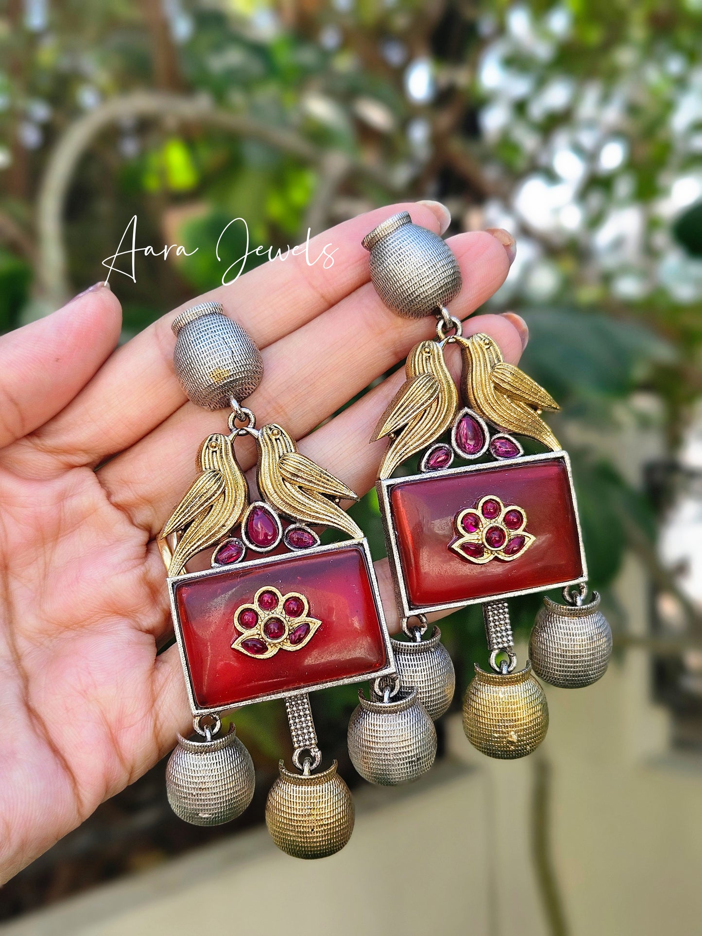 Silver Replica Dual Tone Monalisa Stone Bird Earrings