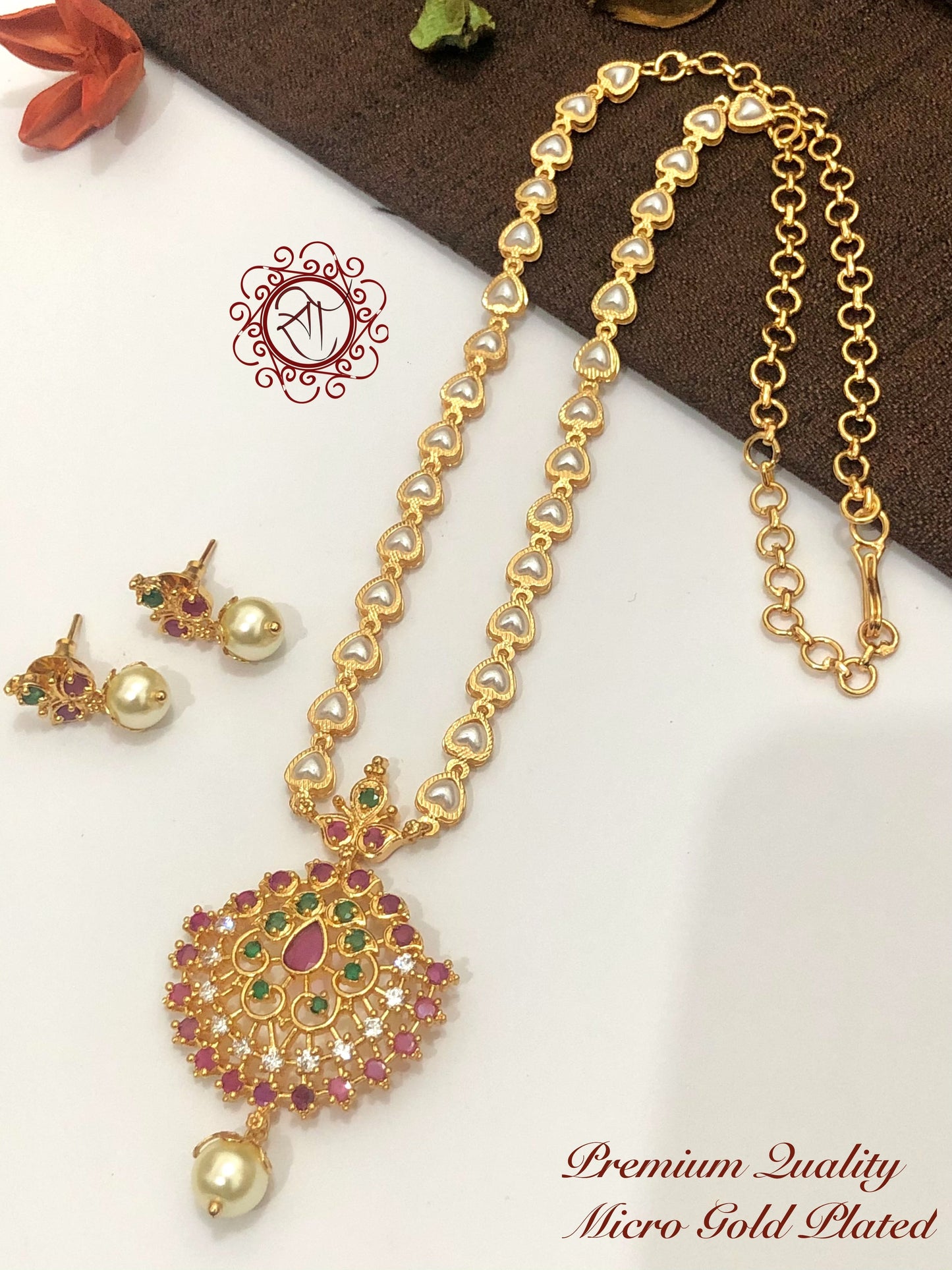 Micro Gold Plated AD Stone Pearl Chain Necklace Set