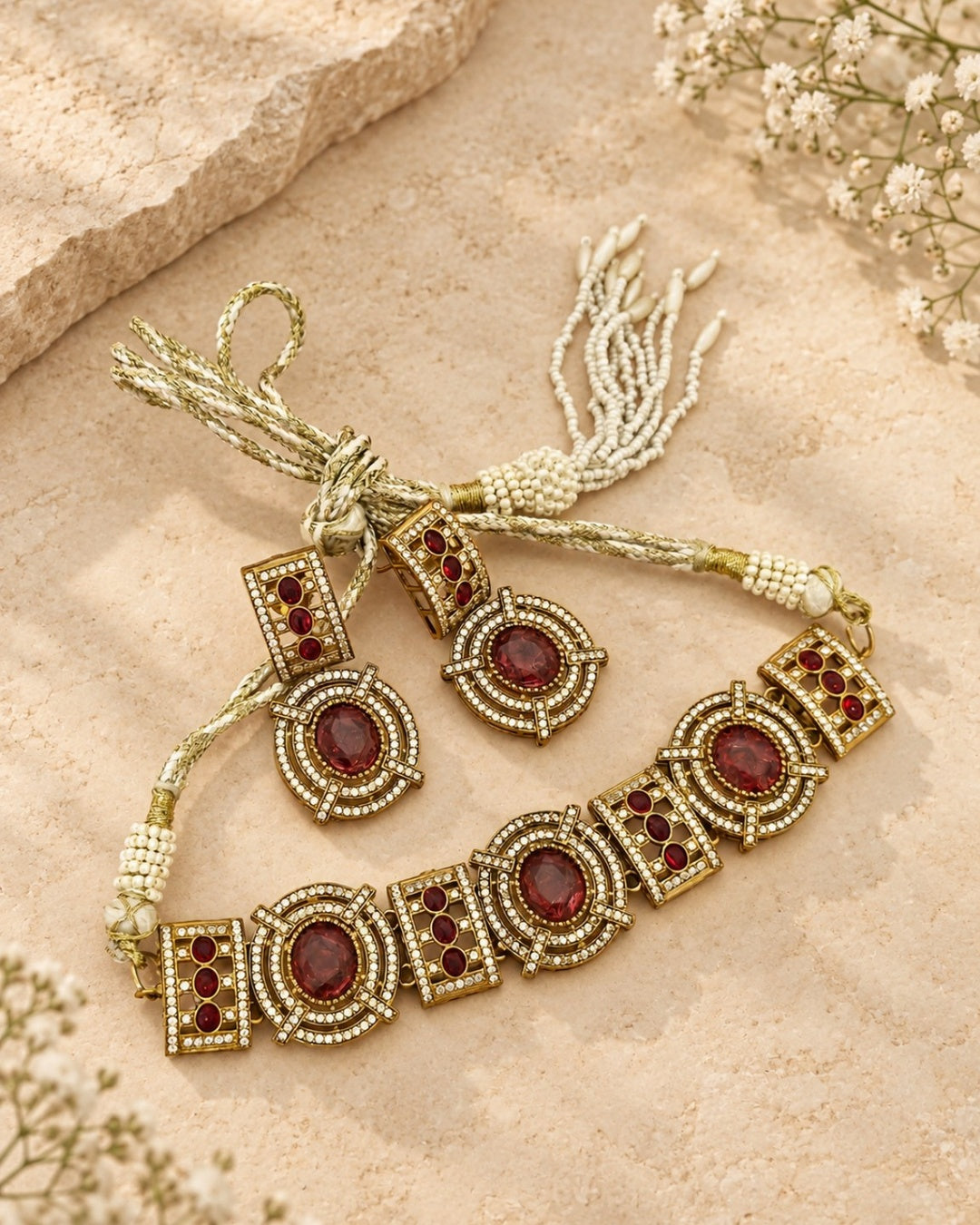 Aara festive red stone choker set with matching earrings