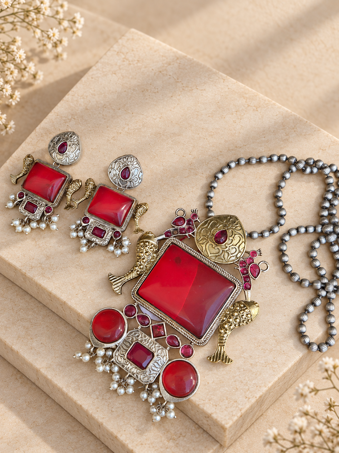 Dual-Tone Monalisa Stone Fish Pendant Set, Ruby Red colour, on beige square stone with small white flowers.