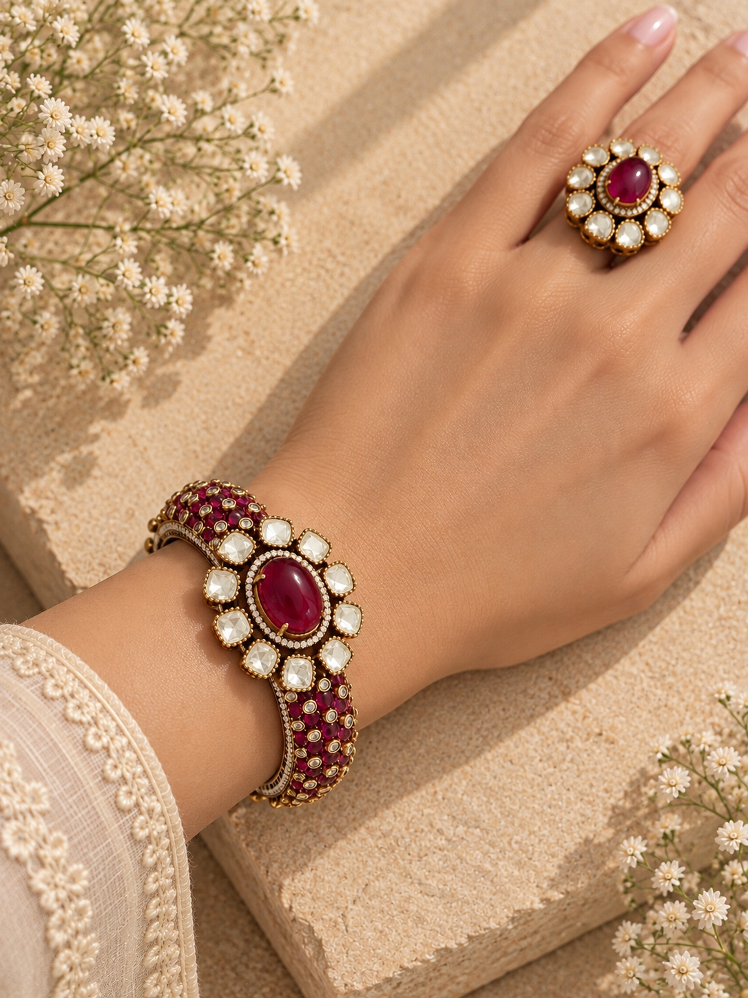 Aara red Pota stone Kundan AD openable kada worn on wrist