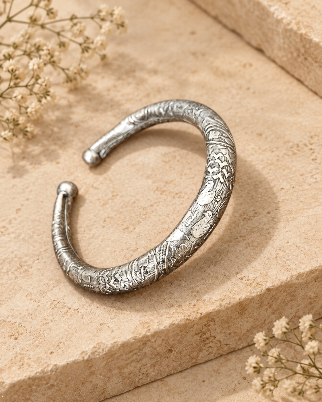 Engraved Silver Lookalike Brass Kada