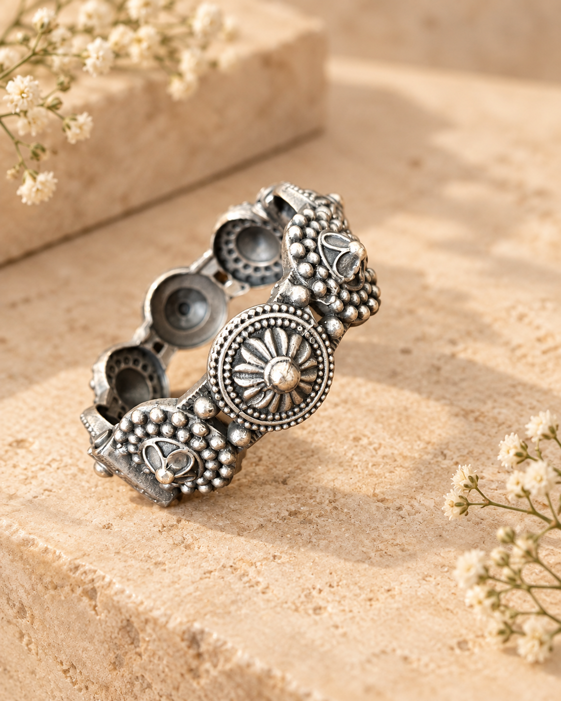 Floral Medallion Silver Lookalike Brass Openable Kada