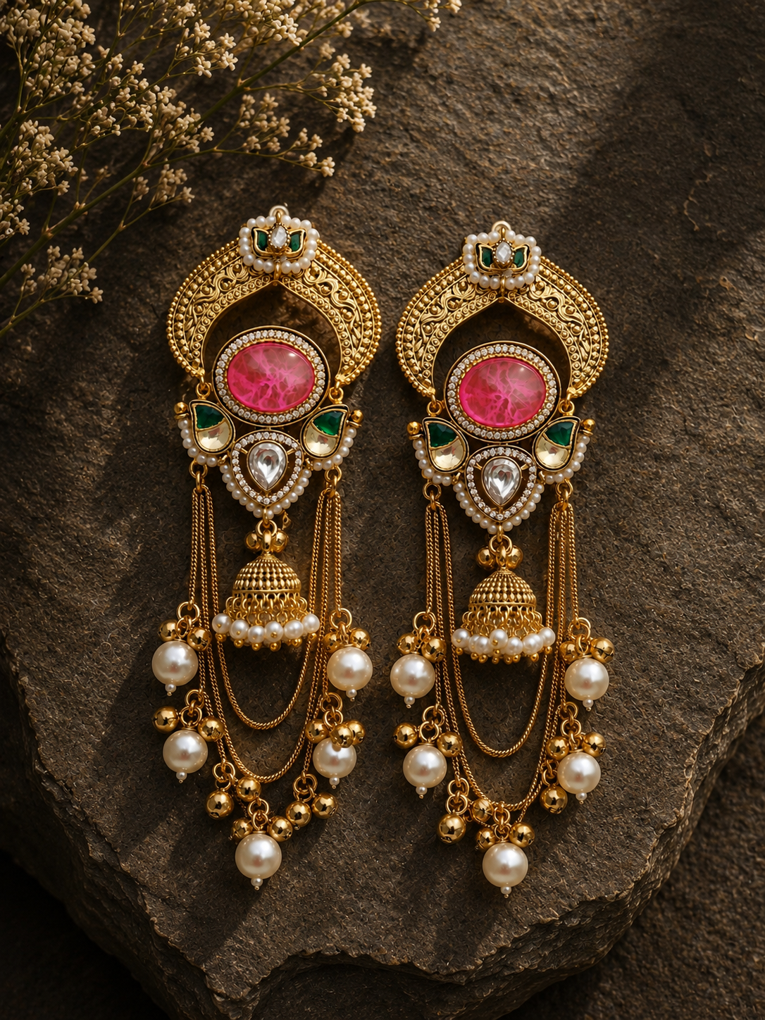 Premium Kashmiri Pachi Kundan Earrings with Doublet Stone & Moissanite Kundan