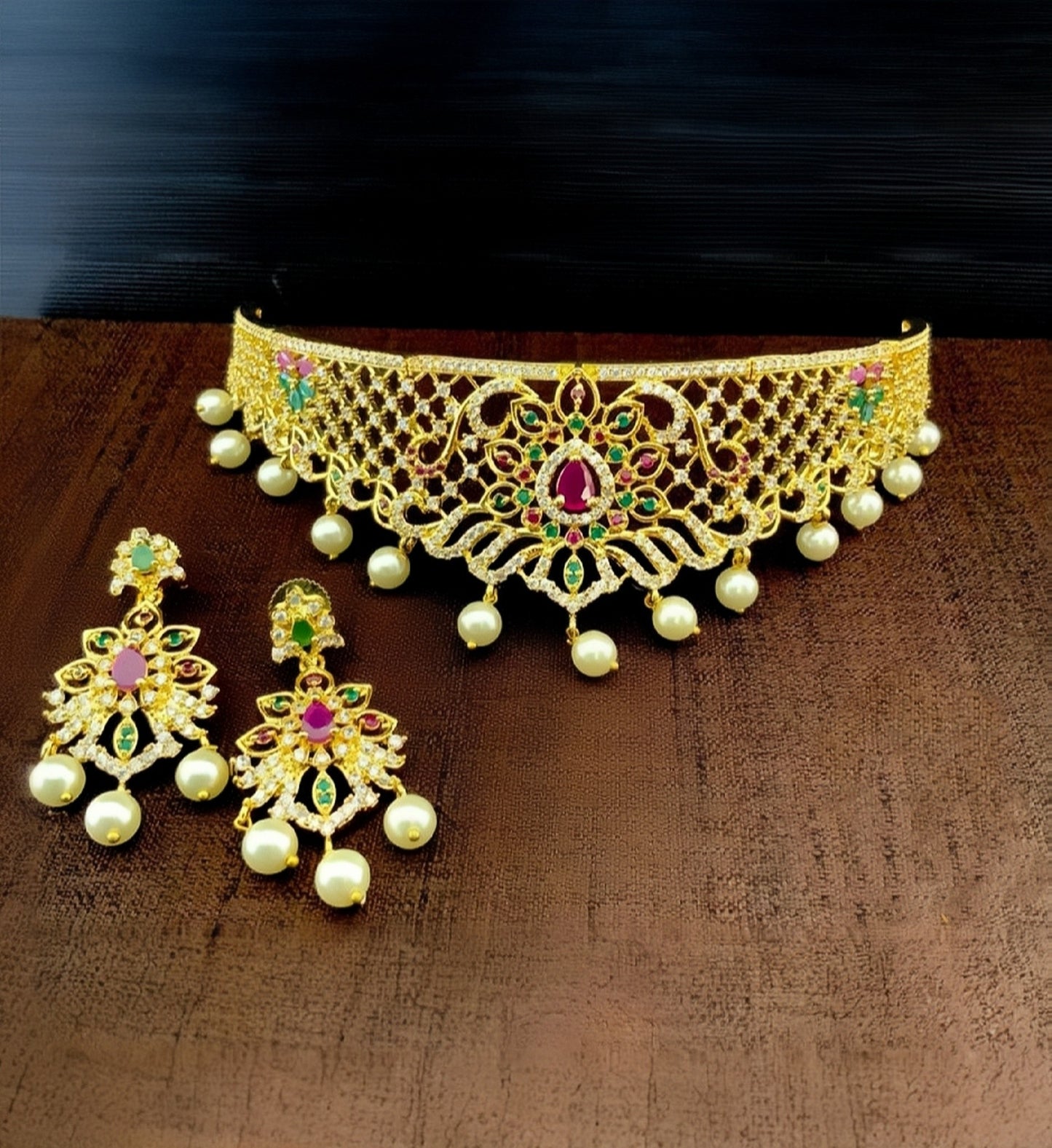 American Diamond AD Floral Design Choker Set