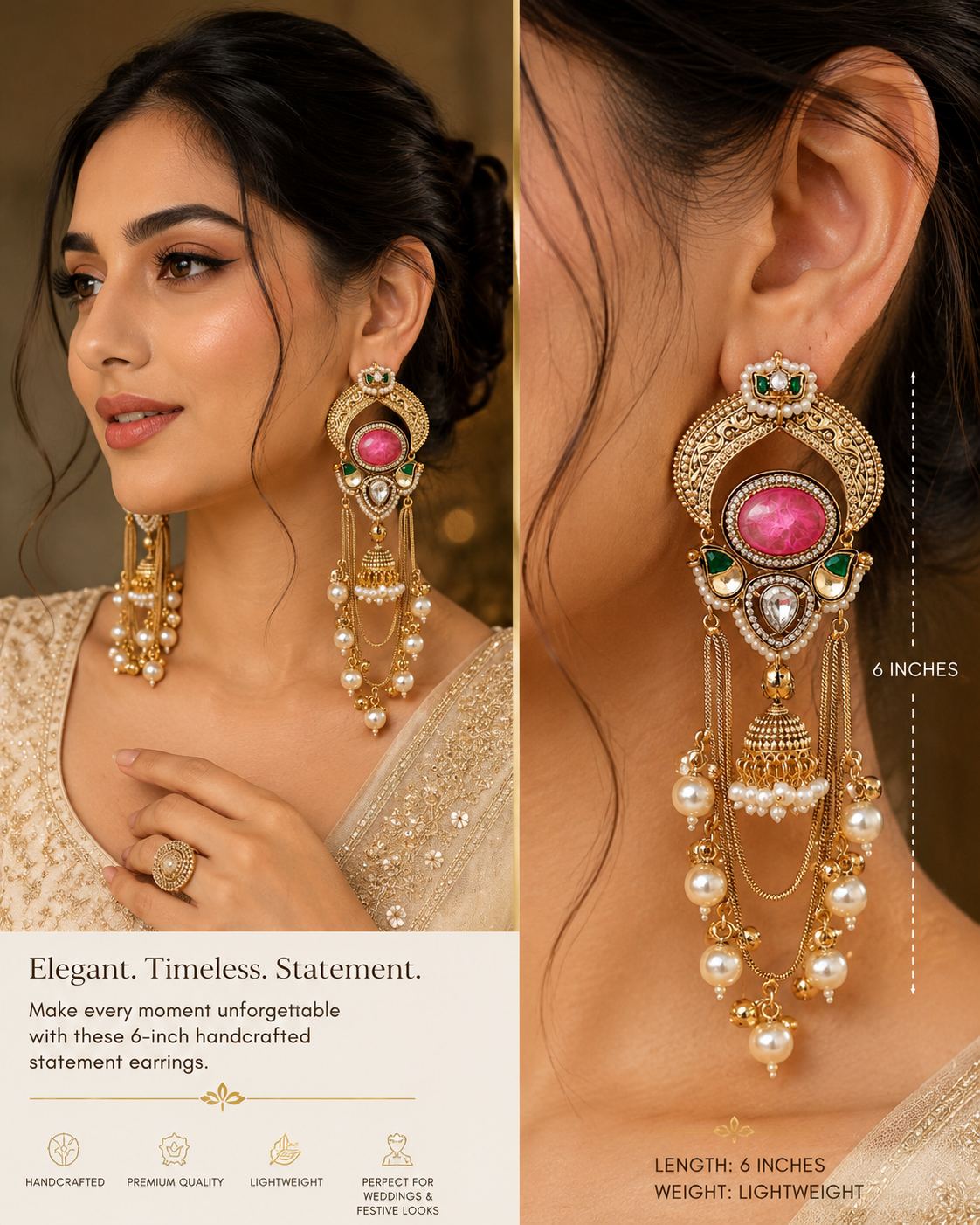Premium Kashmiri Pachi Kundan Earrings with Doublet Stone & Moissanite Kundan