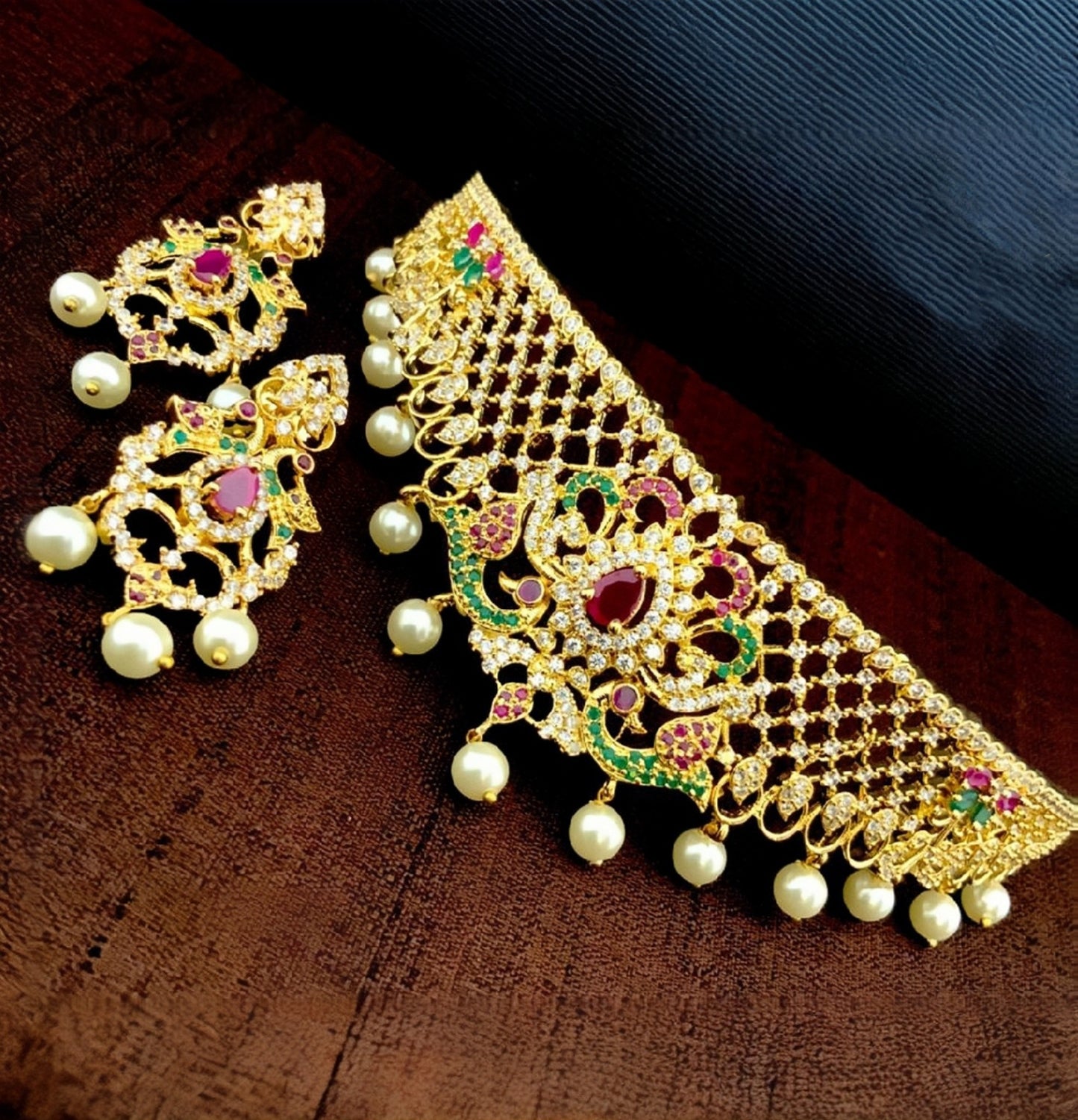 American Diamond AD Peacock Design Choker Set