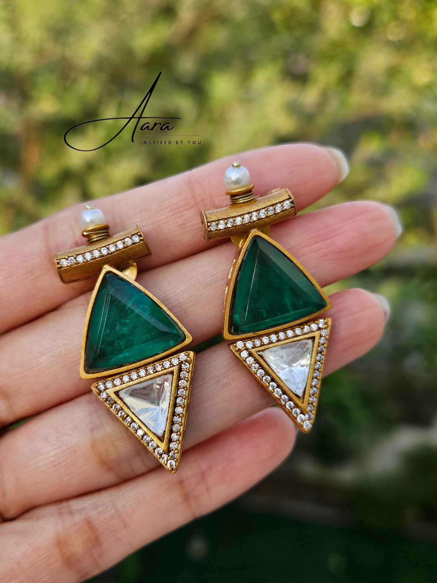 Moissanite Polki Kundan with Doublet Stone Triangular Earrings