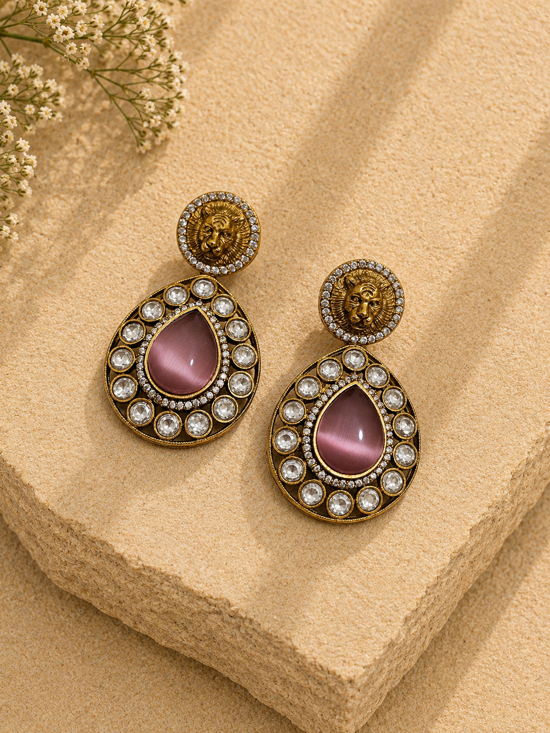 Moissanite kundan tiger head necklace with pink Monalisa stone bridal jewelry Dubai UAE with earrings