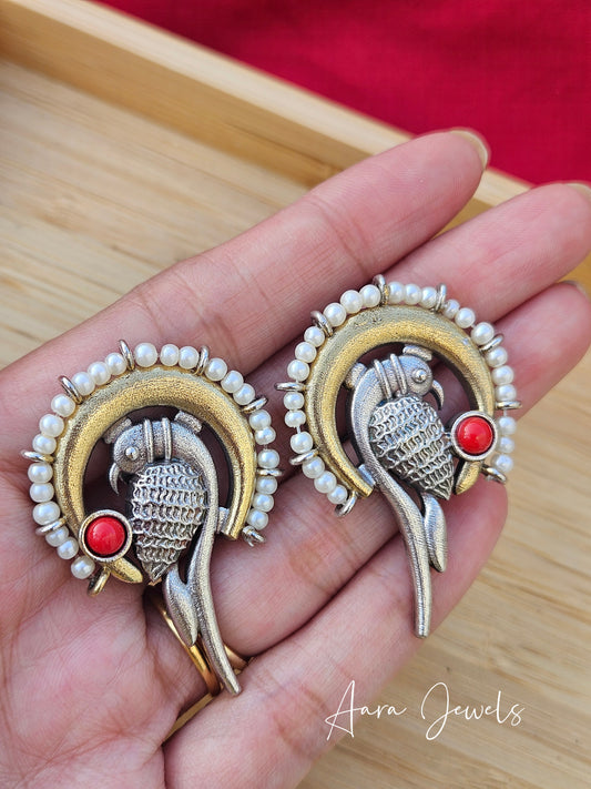 Silver Replica Dual Tone Peacock Earrings