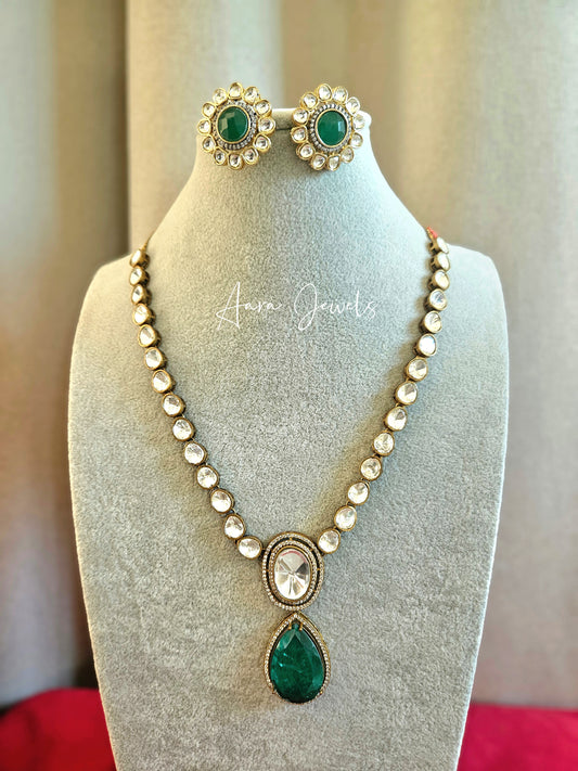 Moissanite Polki with Green Doublet Stone Necklace Set
