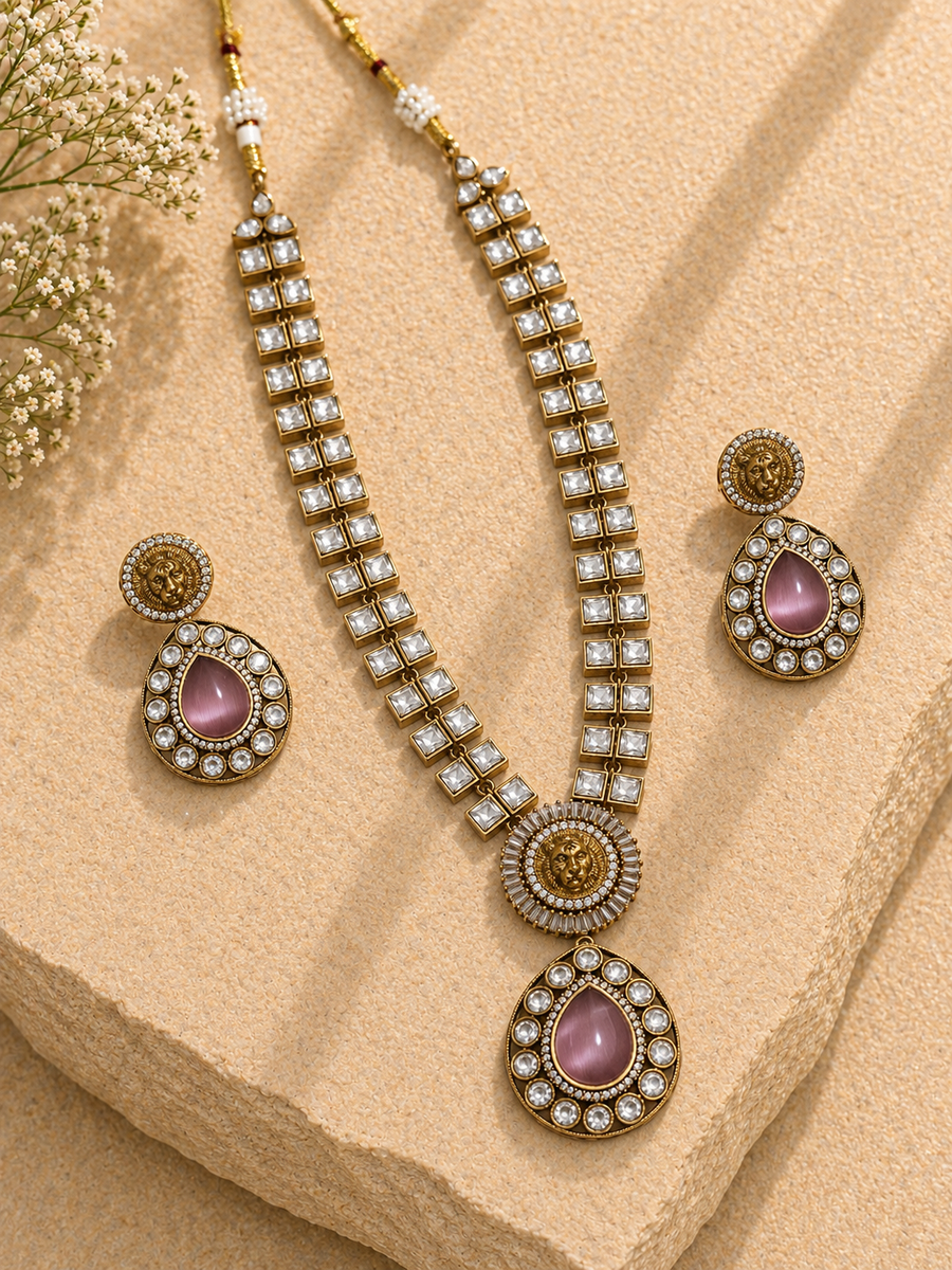 Moissanite Kundan Tiger Head Necklace Set with Pink Monalisa Stone | Indo-Western Bridal Jewelry Dubai UAE