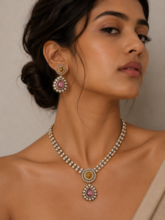 Moissanite kundan tiger head necklace with pink Monalisa stone bridal jewelry Dubai UAE