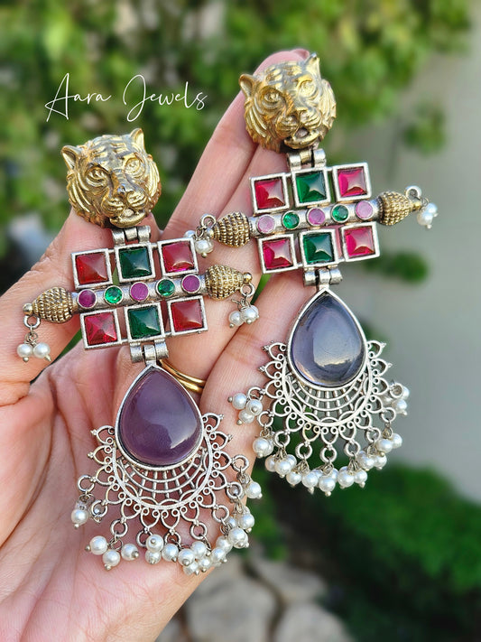 Silver Replica Tiger Head Monalisa Stone Earrings