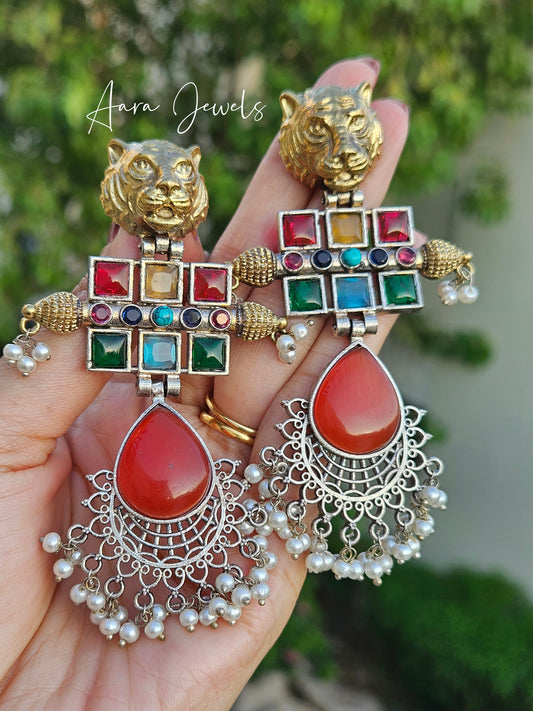 Silver Replica Tiger Head Monalisa Stone Earrings