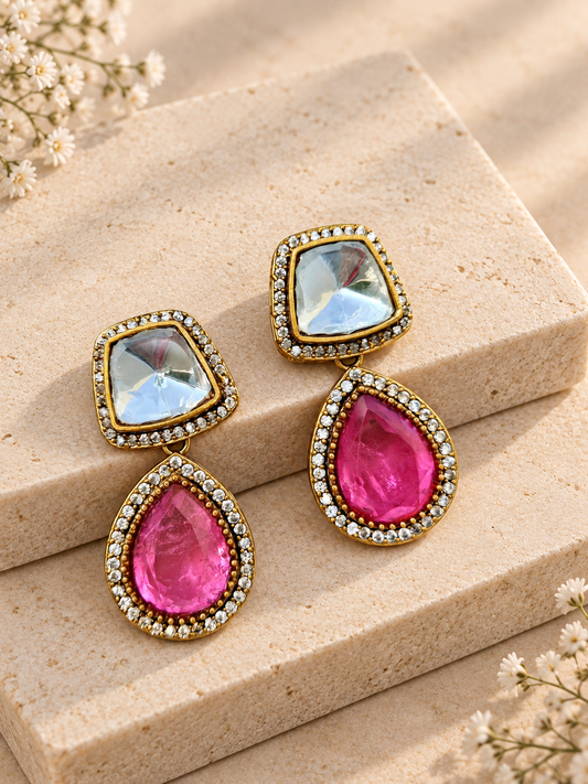 Adaa Moissanite Polki Kundan with Doublet Stone Earrings, Pink colour, on beige square stone with small white flowers.