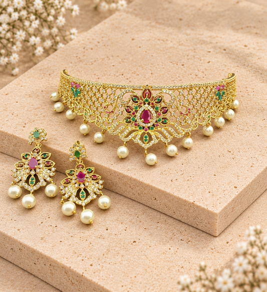 American Diamond AD Floral  Design Choker Set, Default Title colour, on beige square stone with small white flowers.