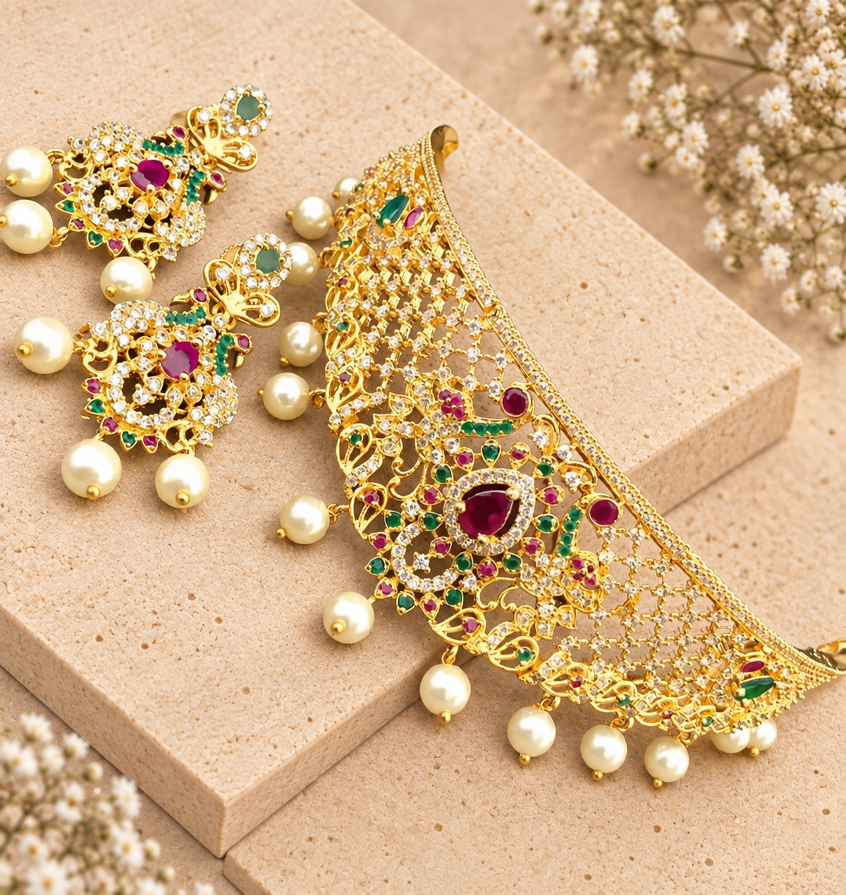American Diamond AD Choker Set, Default Title colour, on beige square stone with small white flowers.