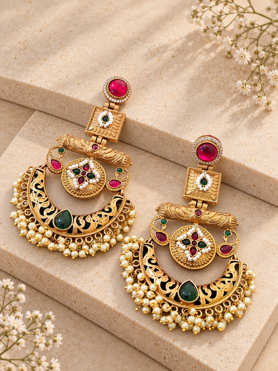 Apala Chandbali earrings with red and green accents and pearl fringes on beige square stones.