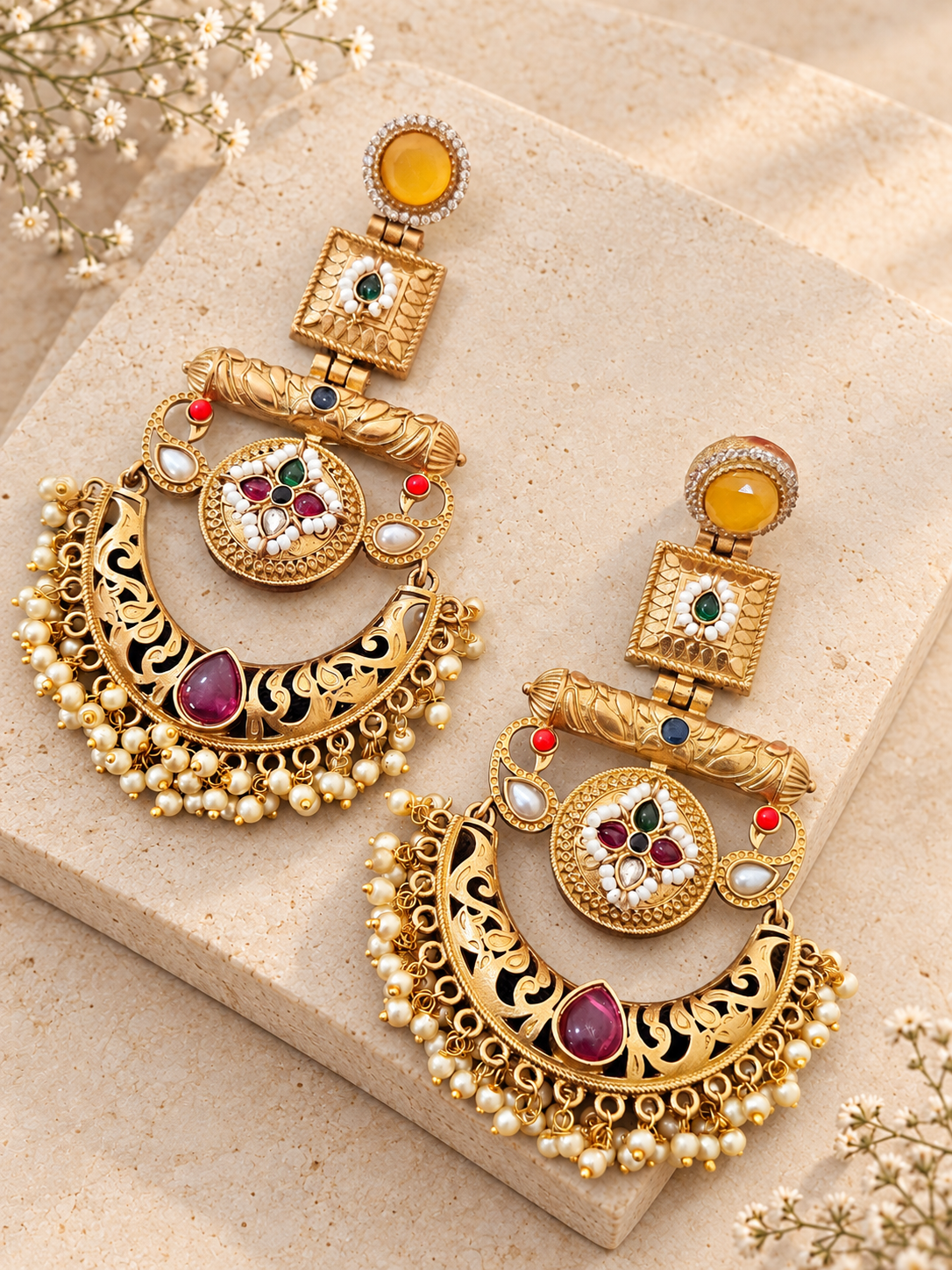 Apala Polish Chandbali Earrings, Multicolor colour, on beige square stone with small white flowers.