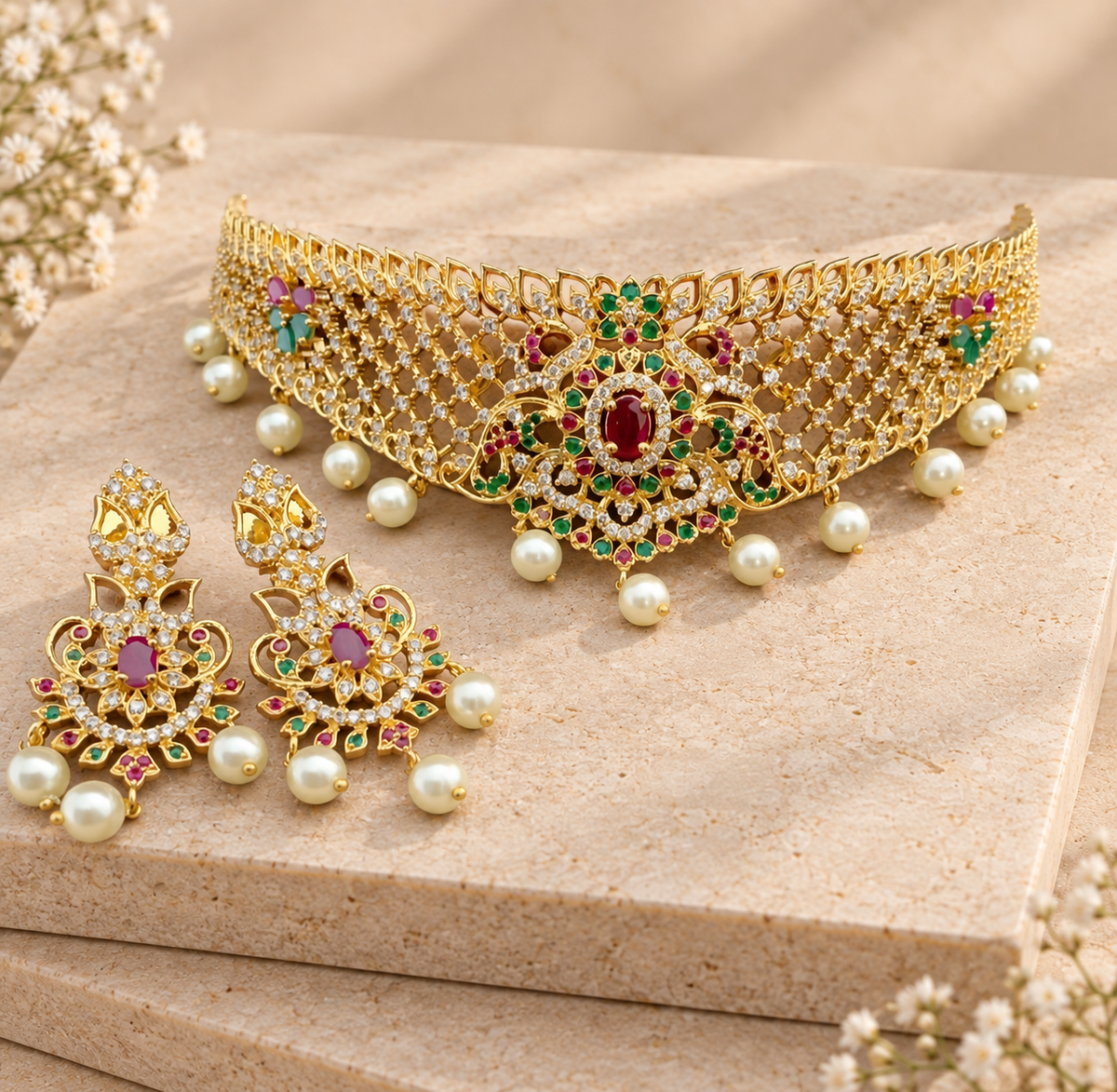 Apsara gold-tone choker and matching earrings with red and green accents and pearl drops on two beige square stones.
