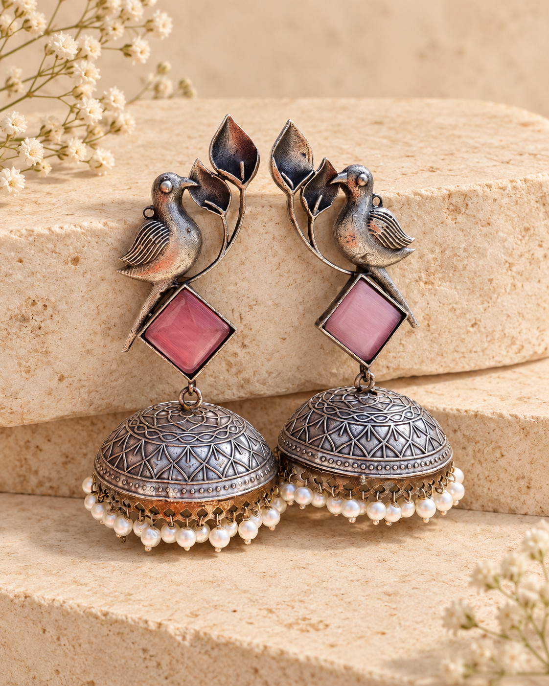 Bird motif pink stone oxidized silver jhumka earrings on beige stone background
