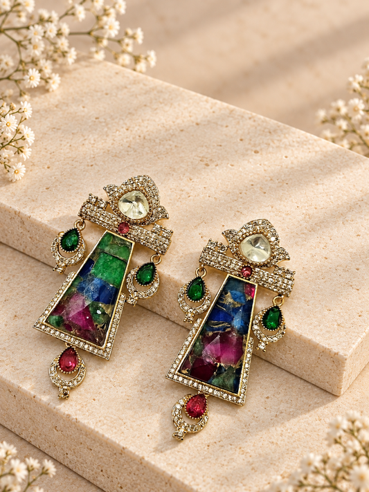 Shringara Doublet Earrings with Moissanite Polki AD Stone, Multicolor colour, on beige square stone with small white flowers.