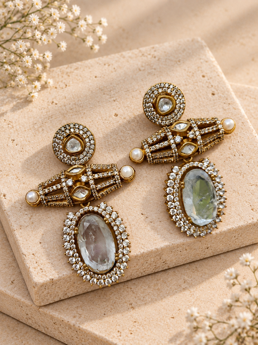 Moissanite Polki Kundan with Doublet Stone Earrings, White colour, on beige square stone with small white flowers.