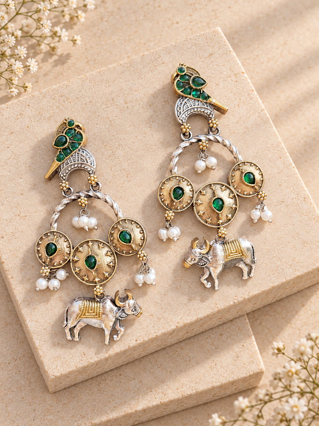 Silver Replica Dual Tone Nandi Earrings, Dark Green colour, on beige square stone with small white flowers.