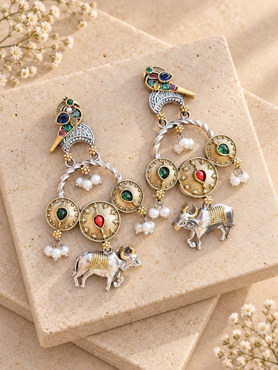 Silver Replica Dual Tone Nandi Earrings, Multicolor colour, on beige square stone with small white flowers.