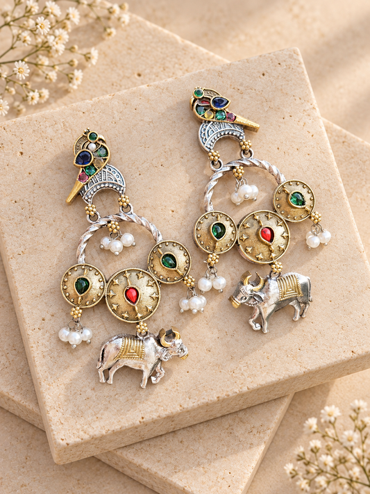 Silver Replica Dual Tone Nandi Earrings, Multicolor colour, on beige square stone with small white flowers.