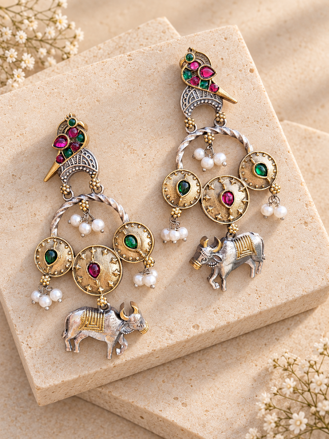 Red and green dual-tone Nandi earrings with pearl clusters on beige square stone.