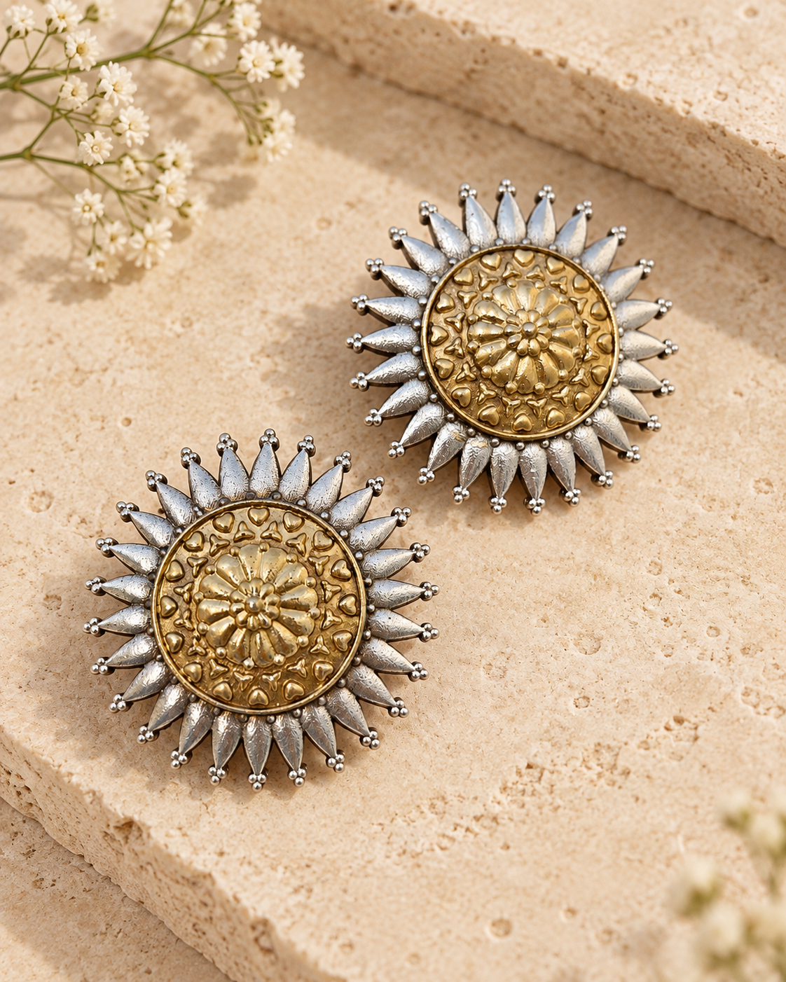 Dual tone gold and silver lookalike stud earrings on beige stone background