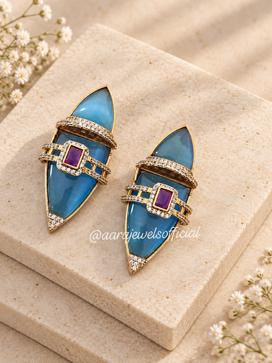 Indowestern Premium Earrings, Blue colour, on beige square stone with small white flowers.