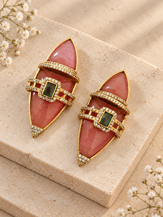 Indowestern Premium Earrings, Pink colour, on beige square stone with small white flowers.