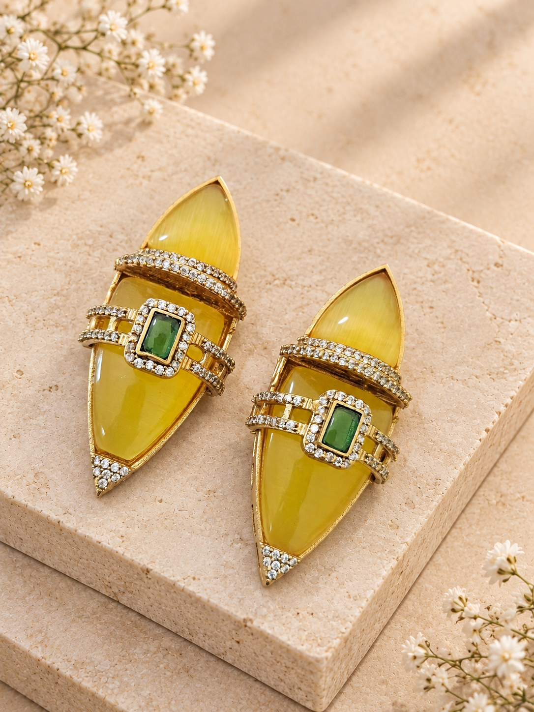 Indowestern Premium Earrings, Yellow colour, on beige square stone with small white flowers.