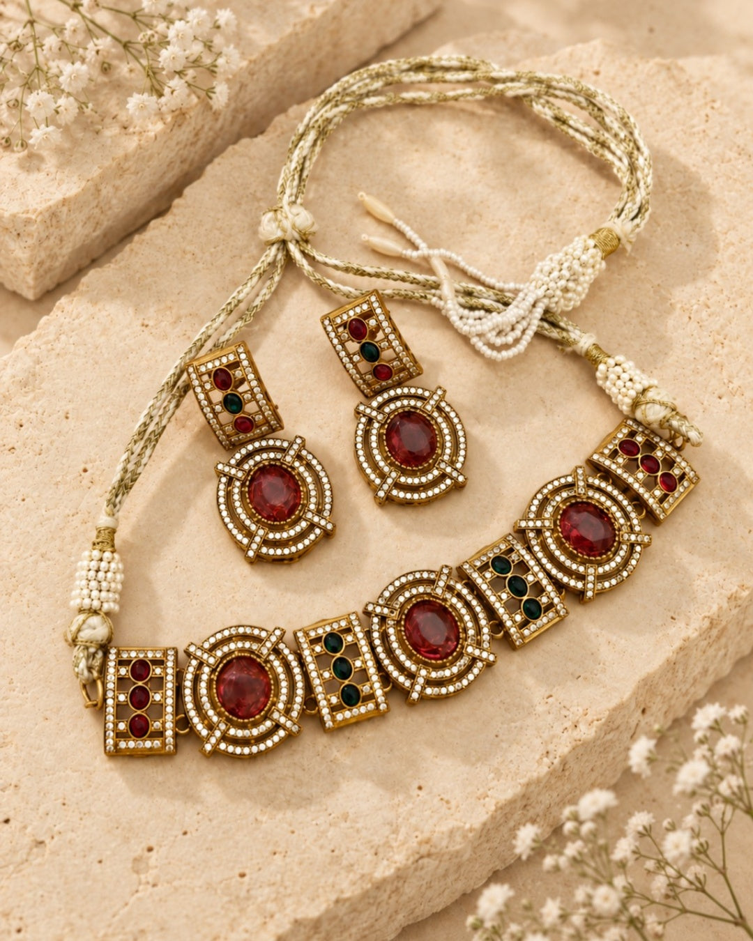 Aara festive choker set with red and green stones and matching earrings