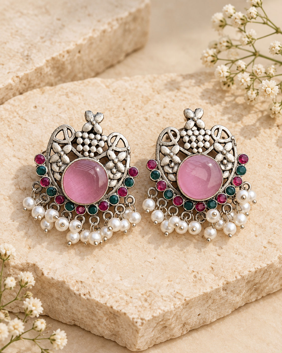 Pink floral silver lookalike earrings with Mona Lisa stone and pearls on beige stone background