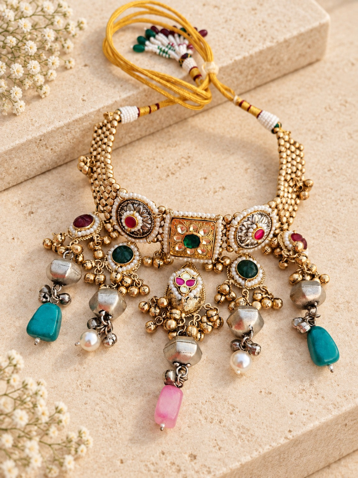 Gold dust polish Pachi Kundan ghungroo necklace with real and carved stones on beige stone background