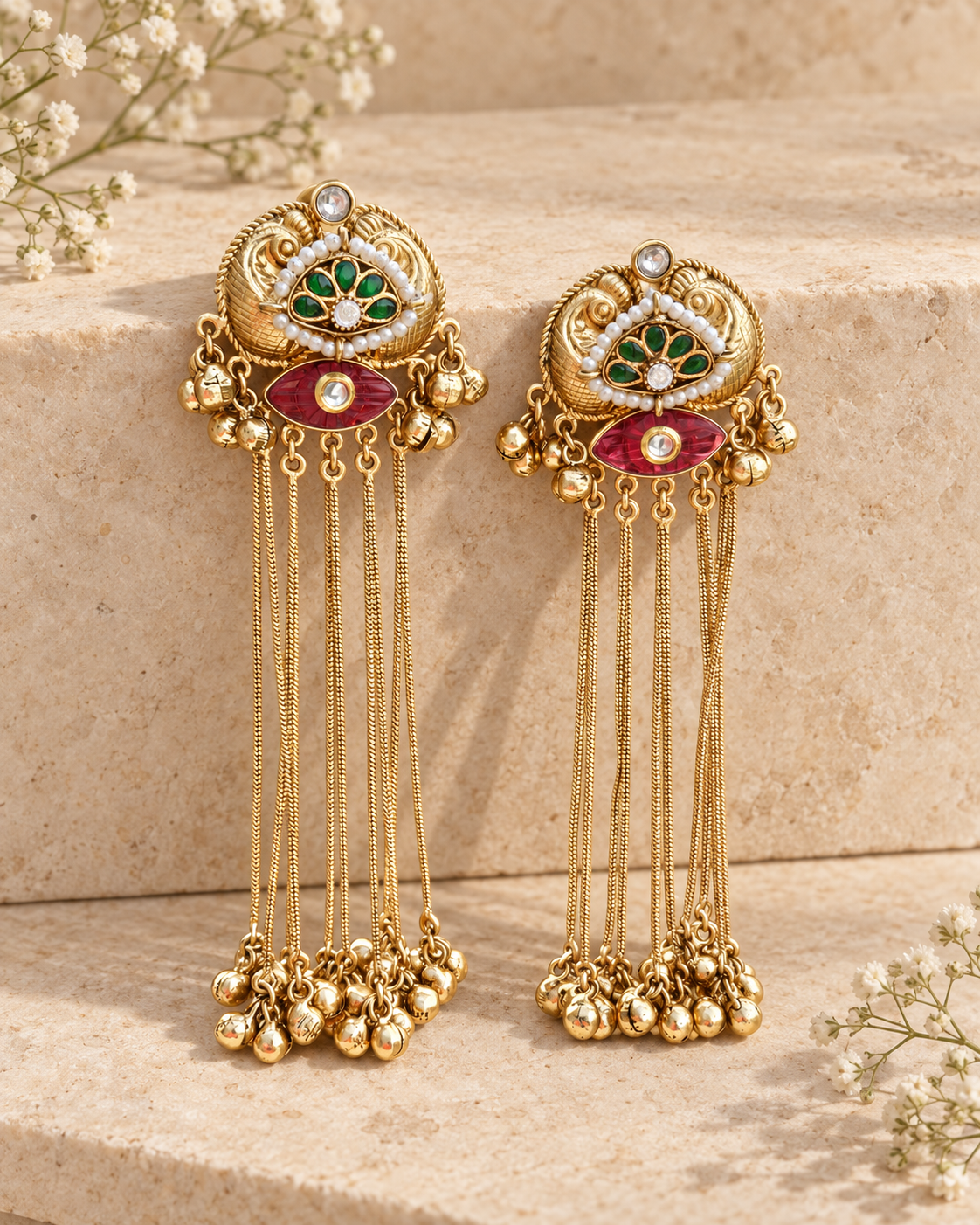 Gold tone long tassel statement earrings on beige stone background