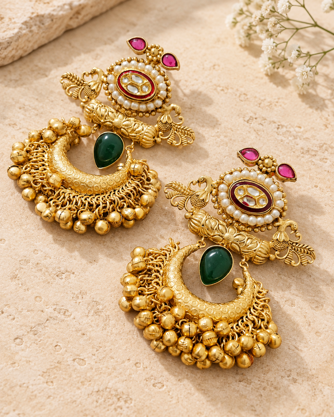 Green Mona Lisa stone gold plated Chandbali earrings on beige stone background