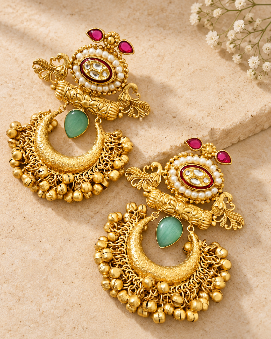 Mint Mona Lisa stone gold plated Chandbali earrings on beige stone background