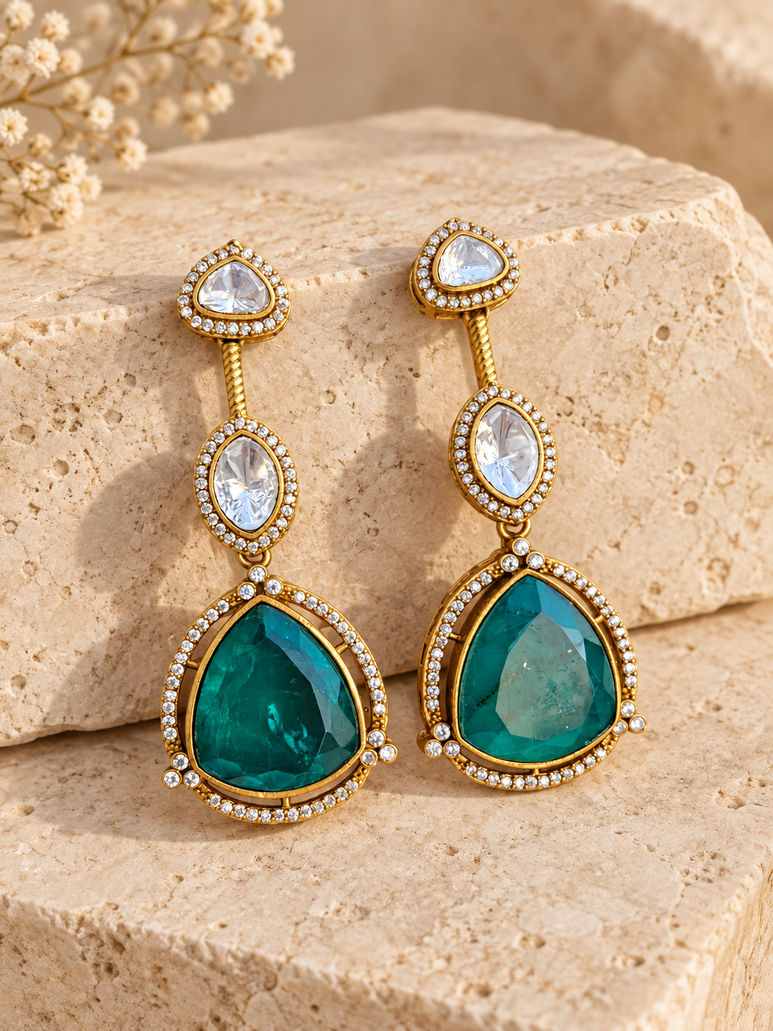 Green Moissanite Polki Kundan doublet stone earrings with AD detailing