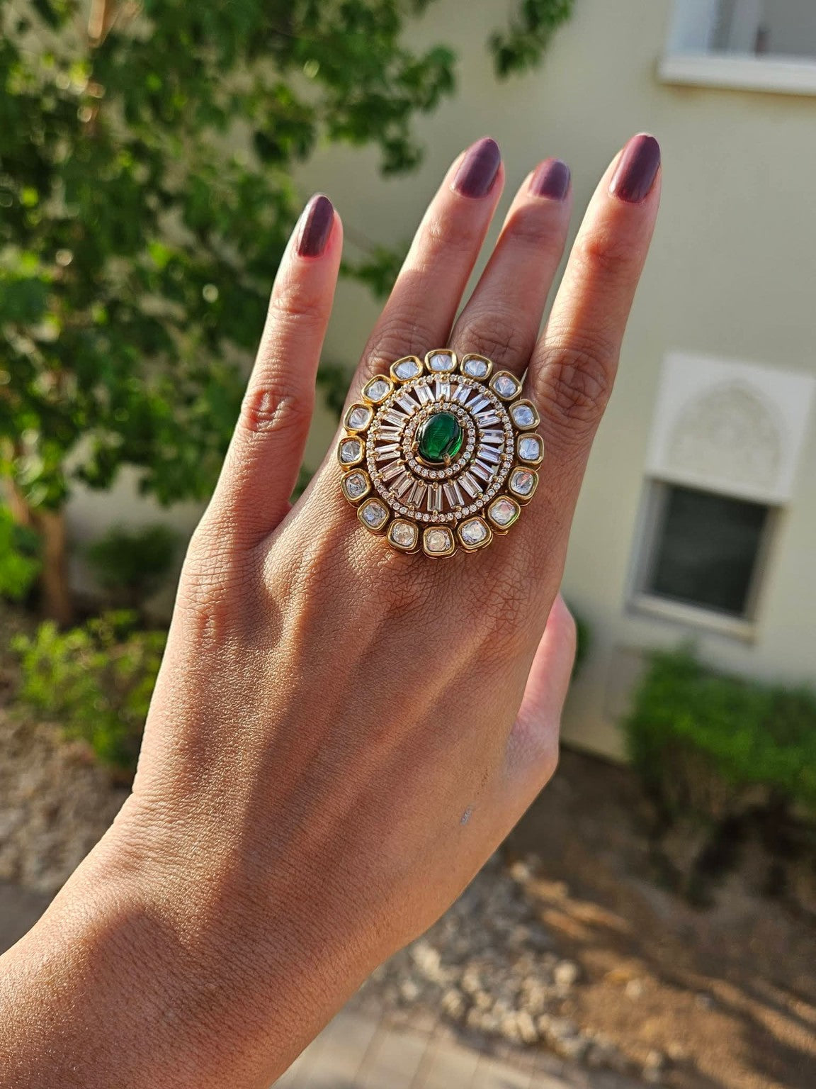 Green Moissanite Polki Kundan adjustable ring in natural daylight