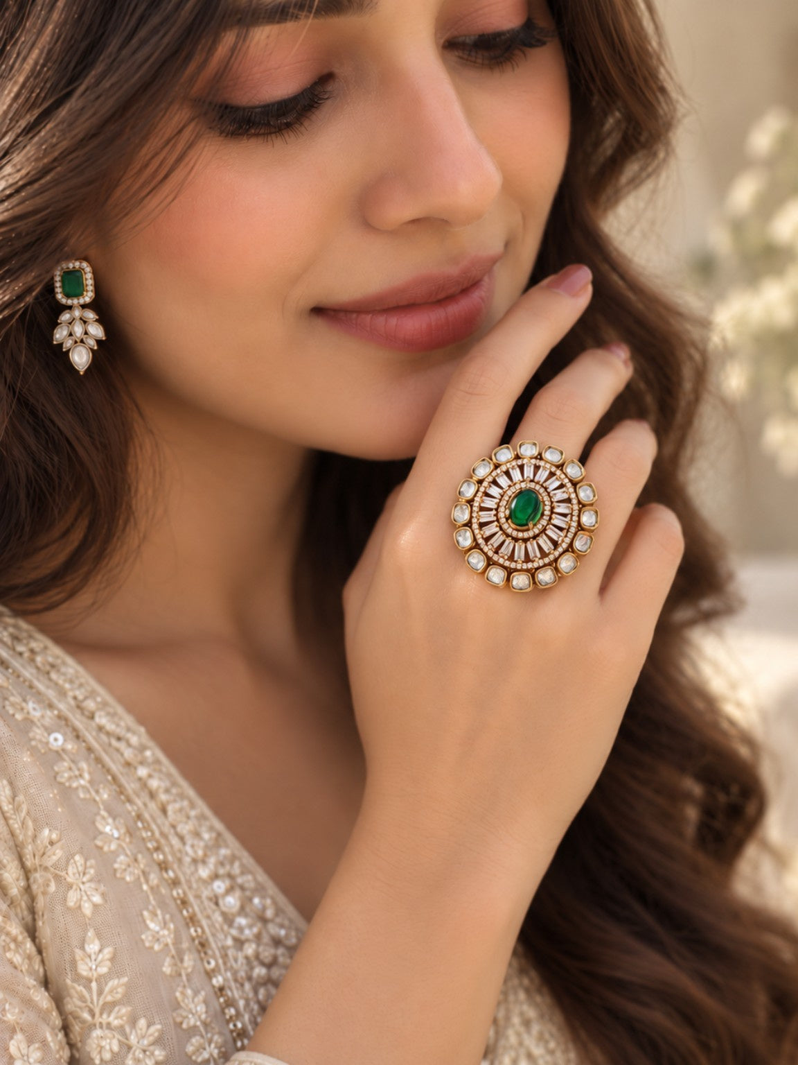 Model wearing green Moissanite Polki Kundan adjustable statement ring