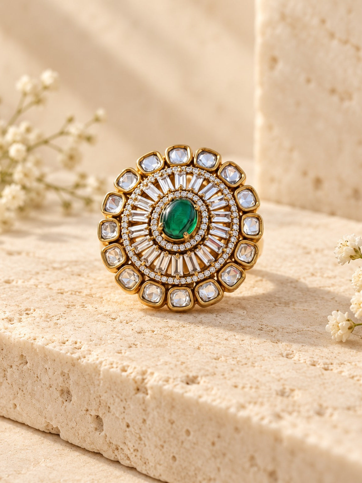 Green Moissanite Polki Kundan adjustable ring with center stone and AD detailing on beige stone background